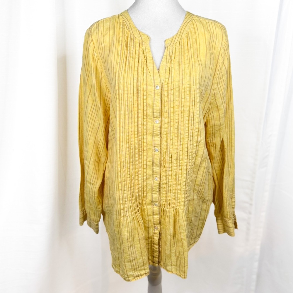 Sundance Linen Blouse XL Yellow Stripe Pintuck Button Front Tunic Boho Shirt EUC